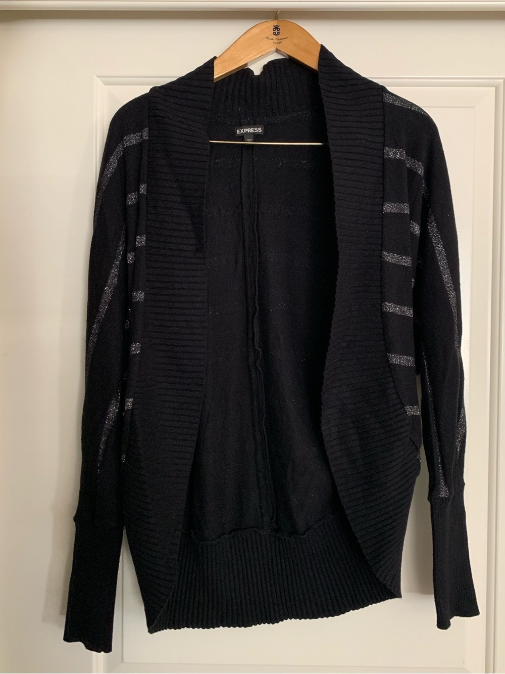 Express Black Open-Front Cardigan with Subtle Metallic Stripes